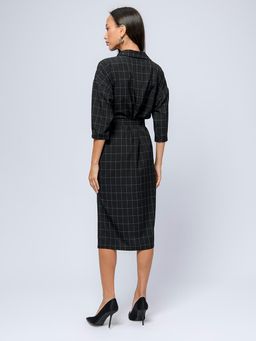Платье-рубашка черного цвета в клетку длины миди с отложным воротником - 1001dress фото 4