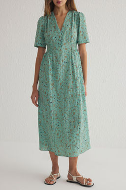 Yesil Cicekli A Kesim Gipeli Midi Dokuma Elbise TWOSS25EL00115 - Trendyolmilla фото 5