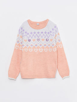 Bisiklet Yaka Desenli Uzun Kollu K?z ?ocuk Triko Kazak