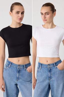 Siyah-Beyaz D_z Regular Bisiklet Yaka Ay Kol K_sa %100 Pamuk _rme T-Shirt TWOSS26TS00347