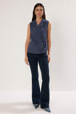 Lacivert Kruvaze Kolsuz Cizgili Gomlek TWOSS25GO00156