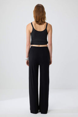 Siyah D_z Wide Leg Y_ksek Bel Uzun Ba_lama Detayl_ Esnek _rme Pantolon TWOSS26PL00244 - Trendyolmilla фото 4