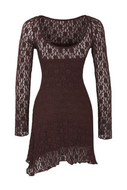 Kahverengi S?rt Dekolteli Asimetrik Detayl? Mini/K?sa Dantel Esnek Orme Elbise TWOSS25EL00903 - Trendyolmilla фото 6