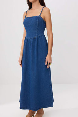 Mavi Straplez Orta Esnek Maxi Denim Elbise TWOSS26EL00276 - Trendyolmilla фото 3