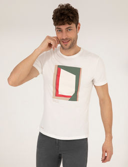 Ekru Slim Fit Bask_l_ Bisiklet Yaka Ti__rt