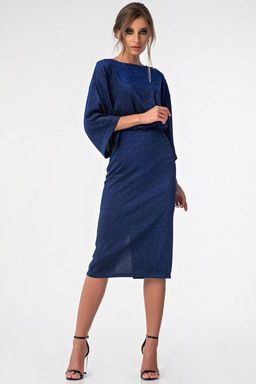 Платье из фактурного блестящего трикотажа синее новый год