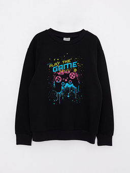 Bisiklet Yaka Bask?l? Uzun Kollu Erkek ?ocuk Sweatshirt