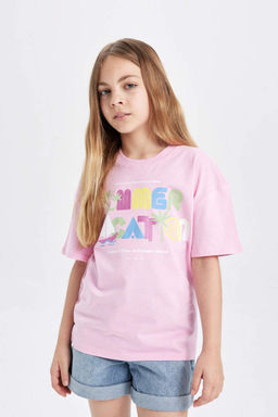 Футболка с короткими рукавами и принтом для девочек Relax Fit - Defacto фото 4