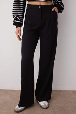 Siyah Pilili Wide Leg/Genis Paca Dokuma Pantolon TWOAW25PL00109 Palazzo