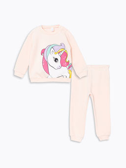 Bisiklet Yaka Bask?l? K?z Bebek Sweatshirt ve E?ofman Alt 2li