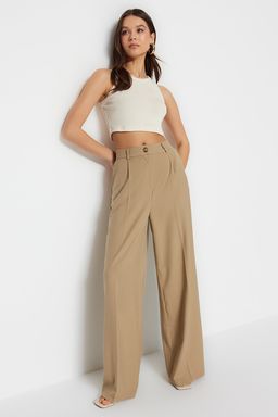 TRENDYOLMILLA Haki Utu Izli Wide Leg/Genis Paca Dokuma Kumas Pantolon TWOSS23PL00326