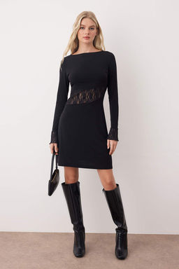 Siyah Dantel Detayl? Uzun Kollu K?sa/Mini Esnek Orme Elbise TWOAW26EL00221