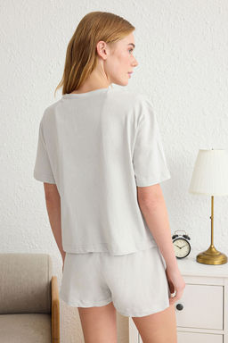 Trendyolmilla Ac?k Gri %100 Pamuklu Panda Bask?l? Sortlu Orme Pijama Tak?m? THMSS25PT00068