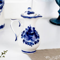 Набор для специй на подставке с молочником (питчером) «Весенний», 4 предмета, фарфор, гжель