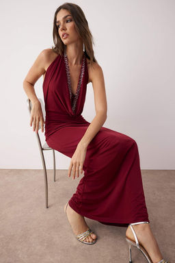 TRENDYOLMILLA Lacivert Degaje Yaka Derin Dekolteli Parlak Tas Detayl? Orme S?k Abiye Elbise TPRSS25AE00004 фото 2