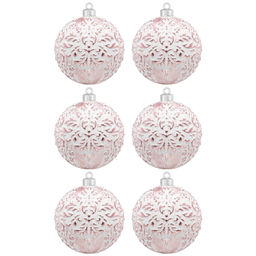 Набор 6 новогодних шаров 8*8 см "Белый с розовым" с эффектом старины