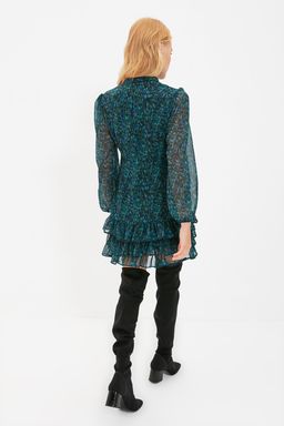 Trendyolmilla Yesil Desenli A Kesim Yakas? Baglamal? Astarl? Mini Dokuma K?sl?k Elbise TWOAW21EL1442 фото 11