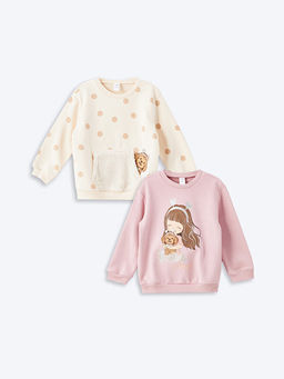 Bisiklet Yaka Uzun Kollu Bask?l? K?z ?ocuk Sweatshirt 2li