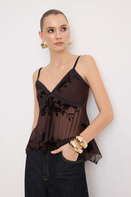 Kahverengi Cicekli Volan Detayl? Tul Party Bluz TPRAW26BZ00056