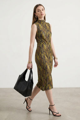 TRENDYOLMILLA Antrasit Dokulu Dik Yaka S?f?r Kol Esnek Orme Midi Kalem Elbise TWOSS24EL00678  фото 15