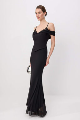 Siyah Carmen Yaka Bal_k Maxi _rme Abiye & Mezuniyet Elbisesi TPRSS26AE00108