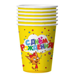 Стакан бумажный Три кота: С днём рождения!, жёлтый, 6 штук, 250 мл - Simaland фото 2