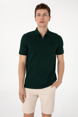 Erkek Regular Fit Fermuarl_ Koyu Ye_il Dokulu Ti__rt