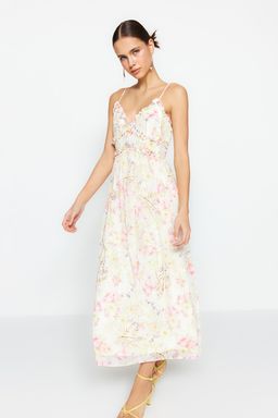 TRENDYOLMILLA Ekru Cicek Desenli A-Kesim F?rf?r Detayl? Astarl? Sifon Maxi Dokuma Elbise TWOSS23EL02013 фото 2