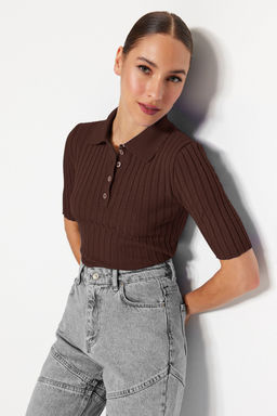 Kahverengi Basic Polo Yaka T-Shirt Gorunumlu Triko Ince Bluz TWOSS20BZ0112