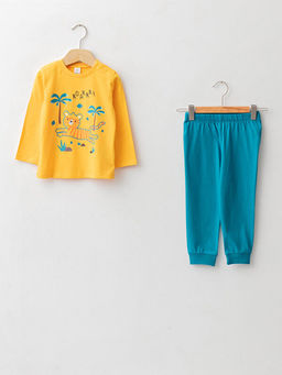 Bisiklet Yaka Uzun Kol Bask?l? Pamuklu Erkek Bebek Pijama Tak?m?