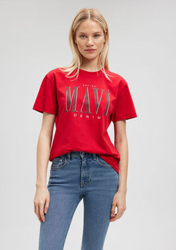 Mavi Logo Bask?l? K?rm?z? Tisort