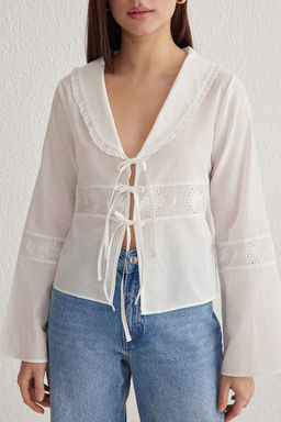 Beyaz Bebe Yaka Onu Baglamal? Brode Dokuma Gomlek TWOSS25GO00059 - Trendyolmilla фото 3