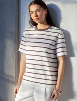 Свободная футболка в полоску из премиального хлопка с эластаном - Vilatte фото 6