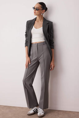 Gri Straight/Duz Kesim Yuksek Bel Nervur Dikisli Dokuma Pantolon TWOSS21PL0093