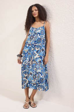 Mavi Geometrik Desenli Duz Kesim Midi Dokuma Elbise TWOSS25EL00044