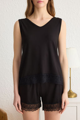 Trendyolmilla Siyah Dantelli Viskon Sortlu Orme Pijama Tak?m? THMSS25PT00042  фото 3