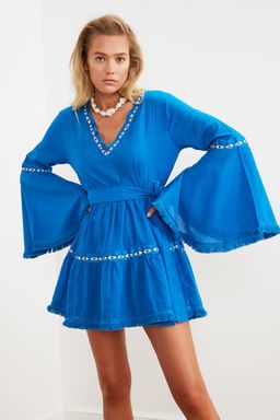 Trendyolmilla Beyaz Dokuma %100 Pamuk Serit Aksesuarl? Mini Plaj Elbisesi TBESS21EL1253 фото 7