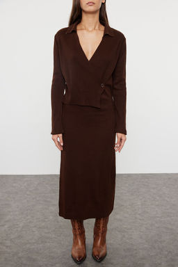 TRENDYOLMILLA Siyah Midi Triko Duz Kruvaze Elbise TWOAW25EL00011 фото 8