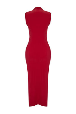 K?rm?z? Duz Buzgulu Maxi S?f?r Kol Drapeli Bodycone/Vucuda Oturan Esnek Orme Elbise TWOSS24EL00101