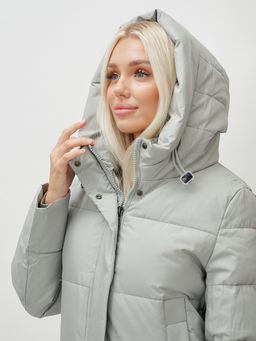 Пальто утепленное стеганное зимнее с капюшоном женское зеленого цвета 9608Z