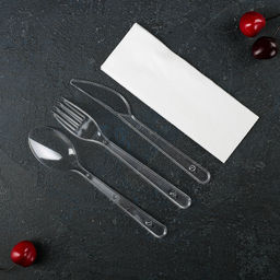 Цена за 300 шт. Набор пластиковых одноразовых приборов «Премиум», 4 в 1, вилка, ложка, нож, салфетка белая, прозрачный