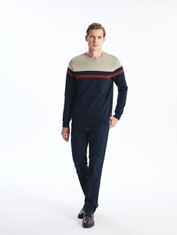 Bisiklet Yaka Uzun Kollu ?izgili Erkek Kal?n Sweatshirt