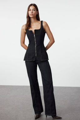 Trendyolmilla Siyah Dikis Detayl? Fermuarl? Kare Yaka Denim Bluz TWOAW25BZ00005  фото 2