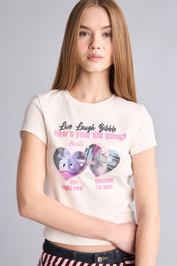 Barbie F_tted Bisiklet Yaka Bask_l_ Ribana K_sa Kollu Ti__rt
