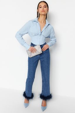 Mavi Crop Astarl? Korse Detayl? Dokuma Poplin Gomlek TPRAW23GO00004