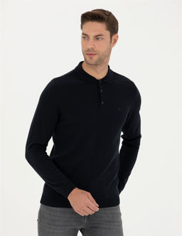 Lacivert Slim Fit Polo Yaka Basic Triko Kazak
