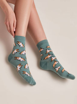 Цена за 2 пары. Носки Классические CONTE Хлопковые носки с рисунками corgi серо-бирюзовый