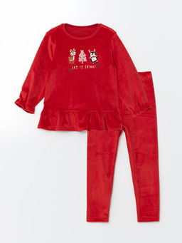 Bisiklet Yaka Uzun Kollu Nak??l? Kadife K?z Bebek Pijama Tak?m?