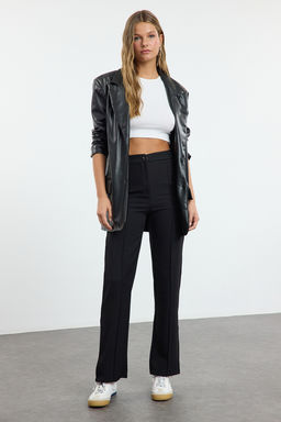 Siyah Straight/Duz Kesim Yuksek Bel Nervur Dikisli Dokuma Pantolon TWOSS21PL0093