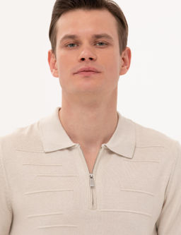 Bej Slim Fit Fermuarl_ Polo Yaka Triko Ti__rt - Pierre cardin фото 2